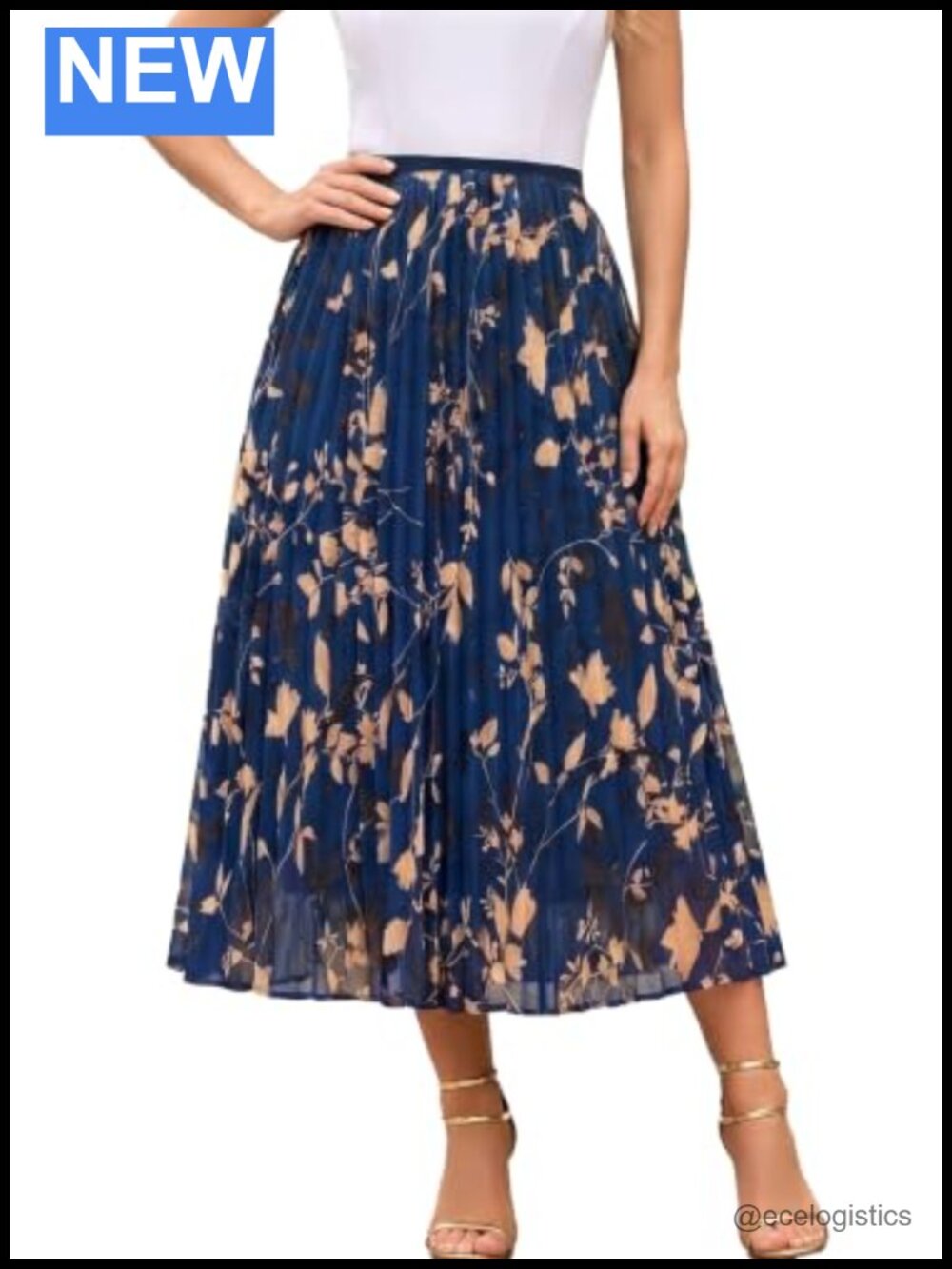 Floral Pleated Midi Skirt High Waist A-Line Womens Fall Winter